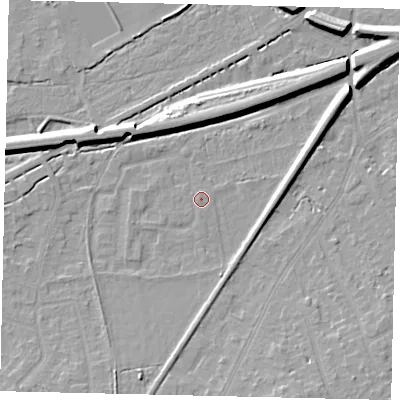 Shaded relief map of the ground around KT70DN, computed from Environment Agency LiDAR. The ground here sits at about 12 m above sea level and falls 10 m across the surrounding 800 m. Surface water reaching this point runs off ground lying to the south, 1.3 m higher.