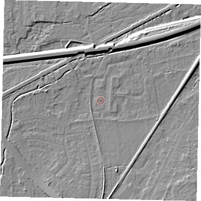 Shaded relief map of the ground around KT70DQ, computed from Environment Agency LiDAR. The ground here sits at about 12 m above sea level and falls 8 m across the surrounding 800 m. Surface water reaching this point runs off ground lying to the south, 4.8 m higher.