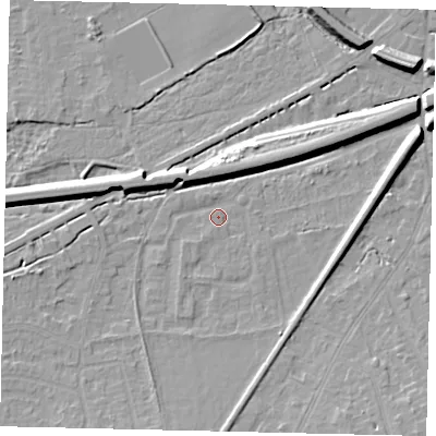 Shaded relief map of the ground around KT70DR, computed from Environment Agency LiDAR. The ground here sits at about 12 m above sea level and falls 10 m across the surrounding 800 m. Surface water reaching this point runs off ground lying to the south-south-east, 1.6 m higher.