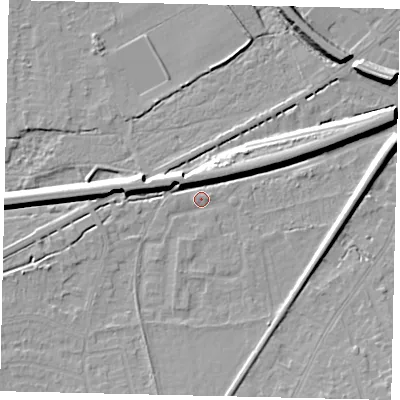 Shaded relief map of the ground around KT70DS, computed from Environment Agency LiDAR. The ground here sits at about 12 m above sea level and falls 10 m across the surrounding 800 m. Surface water reaching this point runs off ground lying to the east-north-east, 7.3 m higher.