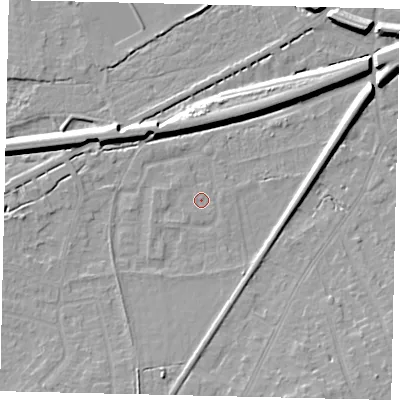 Shaded relief map of the ground around KT70DW, computed from Environment Agency LiDAR. The ground here sits at about 12 m above sea level and falls 9 m across the surrounding 800 m. Surface water reaching this point runs off ground lying to the south-south-west, 0.6 m higher.