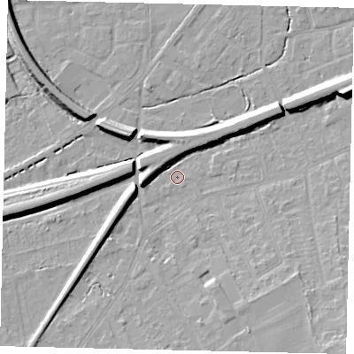 Shaded relief map of the ground around KT70DZ, computed from Environment Agency LiDAR. The ground here sits at about 11 m above sea level and falls 11 m across the surrounding 800 m. Surface water reaching this point runs off ground lying to the east-north-east, 9.8 m higher.