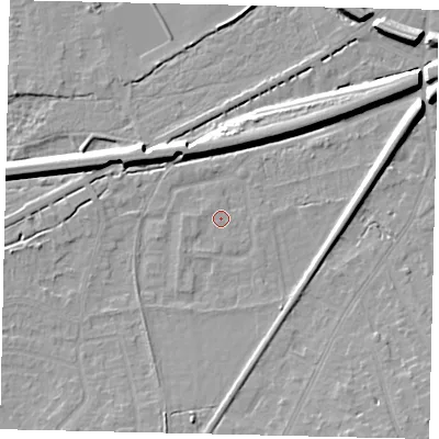 Shaded relief map of the ground around KT70EA, computed from Environment Agency LiDAR. The ground here sits at about 12 m above sea level and falls 10 m across the surrounding 800 m. Surface water reaching this point runs off ground lying to the south-west, 1.3 m higher.