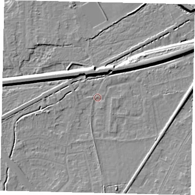 Shaded relief map of the ground around KT70ED, computed from Environment Agency LiDAR. The ground here sits at about 12 m above sea level and falls 9 m across the surrounding 800 m. Surface water reaching this point runs off ground lying to the south-south-east, 4.2 m higher.