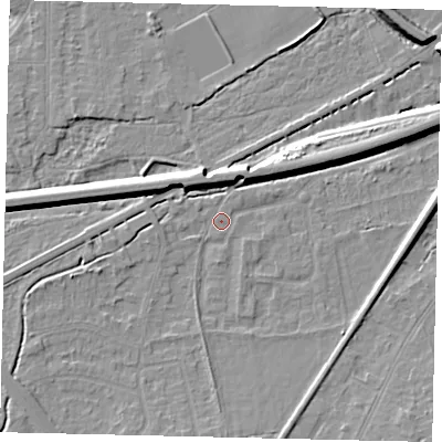 Shaded relief map of the ground around KT70EF, computed from Environment Agency LiDAR. The ground here sits at about 12 m above sea level and falls 9 m across the surrounding 800 m. Surface water reaching this point runs off ground lying to the south-south-east, 4.0 m higher.