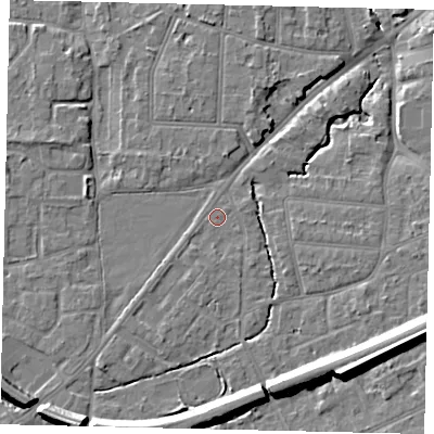 Shaded relief map of the ground around KT70EG, computed from Environment Agency LiDAR. The ground here sits at about 10 m above sea level and falls 14 m across the surrounding 800 m. Surface water reaching this point runs off ground lying to the south-west, 9.6 m higher.