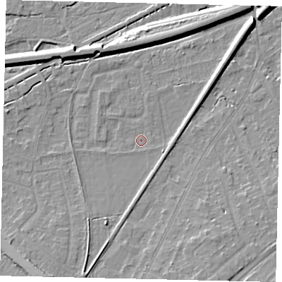 Shaded relief map of the ground around KT70EJ, computed from Environment Agency LiDAR. The ground here sits at about 12 m above sea level and falls 10 m across the surrounding 800 m. Surface water reaching this point runs off ground lying to the south-south-east, 0.9 m higher.