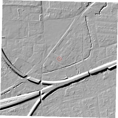 Shaded relief map of the ground around KT70EN, computed from Environment Agency LiDAR. The ground here sits at about 11 m above sea level and falls 12 m across the surrounding 800 m. Surface water reaching this point runs off ground lying to the west-south-west, 1.6 m higher.