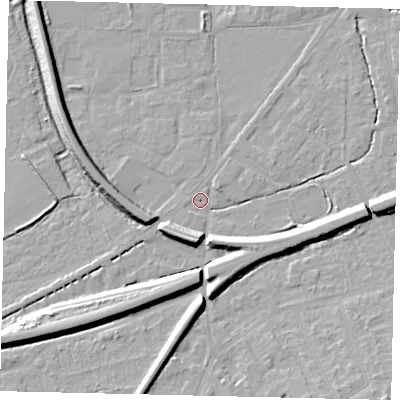 Shaded relief map of the ground around KT70EP, computed from Environment Agency LiDAR. The ground here sits at about 11 m above sea level and falls 11 m across the surrounding 800 m. Surface water reaching this point runs off ground lying to the south, 8.1 m higher.
