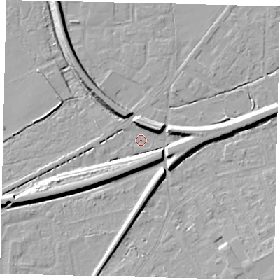 Shaded relief map of the ground around KT70ET, computed from Environment Agency LiDAR. The ground here sits at about 11 m above sea level and falls 10 m across the surrounding 800 m. Surface water reaching this point runs off ground lying to the north-east, 9.0 m higher.