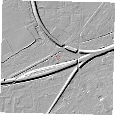Shaded relief map of the ground around KT70EU, computed from Environment Agency LiDAR. The ground here sits at about 11 m above sea level and falls 10 m across the surrounding 800 m. Surface water reaching this point runs off ground lying to the west-south-west, 8.1 m higher.