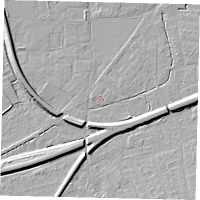 Shaded relief map of the ground around KT70EW, computed from Environment Agency LiDAR. The ground here sits at about 11 m above sea level and falls 11 m across the surrounding 800 m. Surface water reaching this point runs off ground lying to the south-west, 9.5 m higher.