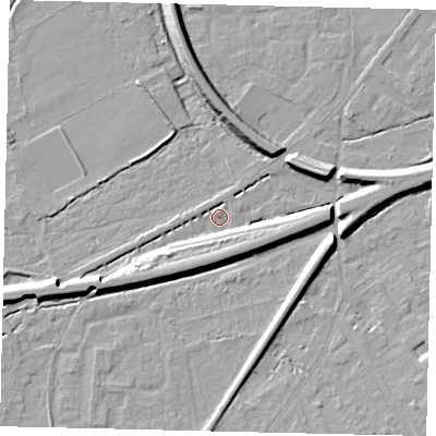 Shaded relief map of the ground around KT70EY, computed from Environment Agency LiDAR. The ground here sits at about 11 m above sea level and falls 10 m across the surrounding 800 m. Surface water reaching this point runs off ground lying to the west-south-west, 7.1 m higher.