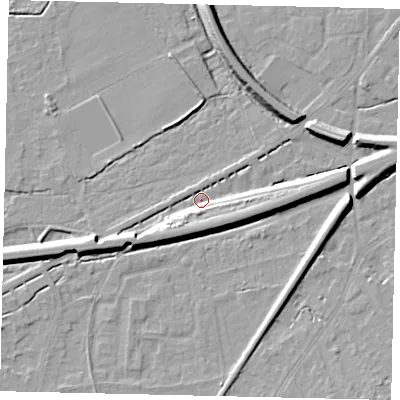 Shaded relief map of the ground around KT70EZ, computed from Environment Agency LiDAR. The ground here sits at about 11 m above sea level and falls 10 m across the surrounding 800 m. Surface water reaching this point runs off ground lying to the west-south-west, 7.0 m higher.