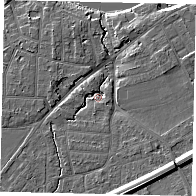 Shaded relief map of the ground around KT70FX, computed from Environment Agency LiDAR. The ground here sits at about 9 m above sea level and falls 15 m across the surrounding 800 m. Surface water reaching this point runs off ground lying to the south, 4.4 m higher.