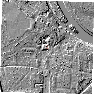 Shaded relief map of the ground around KT70GE, computed from Environment Agency LiDAR. The ground here sits at about 9 m above sea level and falls 11 m across the surrounding 800 m. Surface water reaching this point runs off ground lying to the south-west, 5.0 m higher.