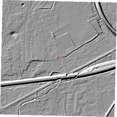 Shaded relief map of the ground around KT70HB, computed from Environment Agency LiDAR. The ground here sits at about 11 m above sea level and falls 9 m across the surrounding 800 m. Surface water reaching this point runs off ground lying to the south-south-east, 7.3 m higher.
