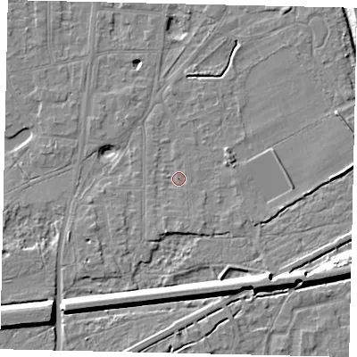 Shaded relief map of the ground around KT70HD, computed from Environment Agency LiDAR. The ground here sits at about 11 m above sea level and falls 9 m across the surrounding 800 m. Surface water reaching this point runs off ground lying to the south-south-west, 2.4 m higher.