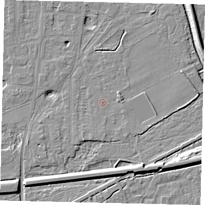 Shaded relief map of the ground around KT70HF, computed from Environment Agency LiDAR. The ground here sits at about 11 m above sea level and falls 9 m across the surrounding 800 m. Surface water reaching this point runs off ground lying to the east-north-east, 1.8 m higher.