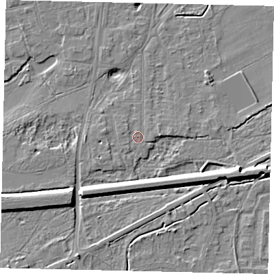 Shaded relief map of the ground around KT70HL, computed from Environment Agency LiDAR. The ground here sits at about 11 m above sea level and falls 9 m across the surrounding 800 m. Surface water reaching this point runs off ground lying to the south-west, 0.7 m higher.