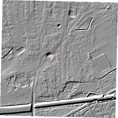 Shaded relief map of the ground around KT70HQ, computed from Environment Agency LiDAR. The ground here sits at about 11 m above sea level and falls 9 m across the surrounding 800 m. Surface water reaching this point runs off ground lying to the south-south-west, 1.5 m higher.