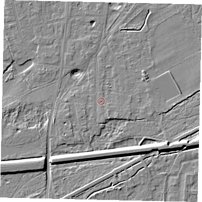 Shaded relief map of the ground around KT70HW, computed from Environment Agency LiDAR. The ground here sits at about 11 m above sea level and falls 9 m across the surrounding 800 m. Surface water reaching this point runs off ground lying to the south, 1.0 m higher.