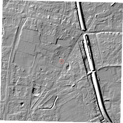 Shaded relief map of the ground around KT70HX, computed from Environment Agency LiDAR. The ground here sits at about 10 m above sea level and falls 10 m across the surrounding 800 m. Surface water reaching this point runs off ground lying to the north-west, 3.3 m higher.