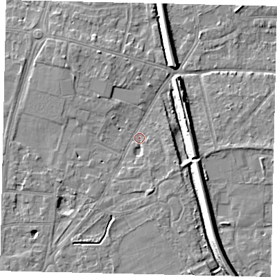Shaded relief map of the ground around KT70HY, computed from Environment Agency LiDAR. The ground here sits at about 10 m above sea level and falls 10 m across the surrounding 800 m. Surface water reaching this point runs off ground lying to the north-west, 3.3 m higher.