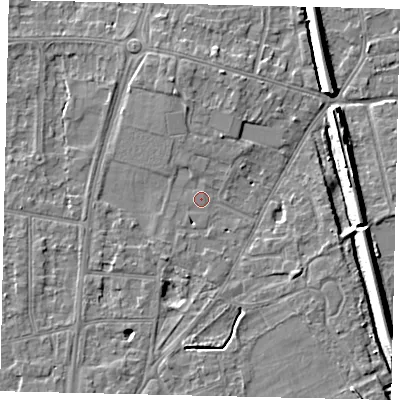 Shaded relief map of the ground around KT70JB, computed from Environment Agency LiDAR. The ground here sits at about 10 m above sea level and falls 10 m across the surrounding 800 m. Surface water reaching this point runs off ground lying to the north-north-west, 1.1 m higher.