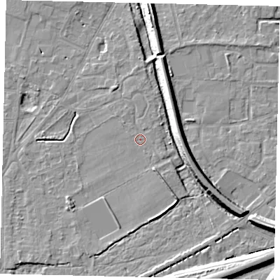 Shaded relief map of the ground around KT70JF, computed from Environment Agency LiDAR. The ground here sits at about 11 m above sea level and falls 11 m across the surrounding 800 m. Surface water reaching this point runs off ground lying to the south-east, 0.8 m higher.