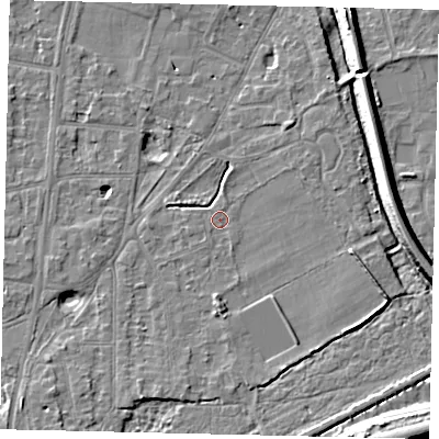 Shaded relief map of the ground around KT70JH, computed from Environment Agency LiDAR. The ground here sits at about 10 m above sea level and falls 10 m across the surrounding 800 m. Surface water reaching this point runs off ground lying to the south-south-east, 0.7 m higher.