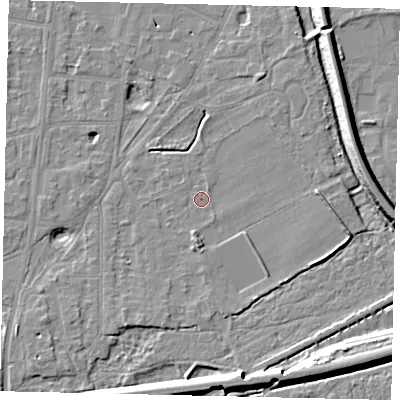 Shaded relief map of the ground around KT70JJ, computed from Environment Agency LiDAR. The ground here sits at about 10 m above sea level and falls 10 m across the surrounding 800 m. Surface water reaching this point runs off ground lying to the south-south-west, 1.7 m higher.