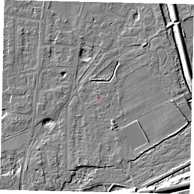 Shaded relief map of the ground around KT70JQ, computed from Environment Agency LiDAR. The ground here sits at about 11 m above sea level and falls 10 m across the surrounding 800 m. The ground contributing surface water to this point lies to the north-north-east.