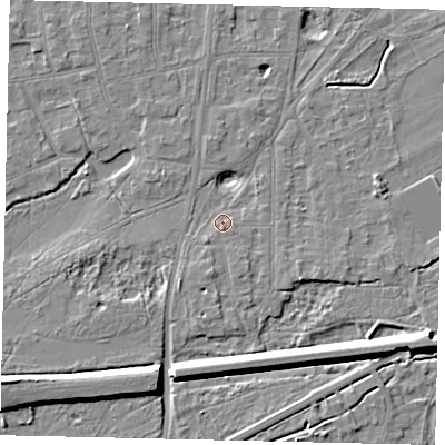 Shaded relief map of the ground around KT70JX, computed from Environment Agency LiDAR. The ground here sits at about 11 m above sea level and falls 10 m across the surrounding 800 m. Surface water reaching this point runs off ground lying to the south-west, 1.4 m higher.