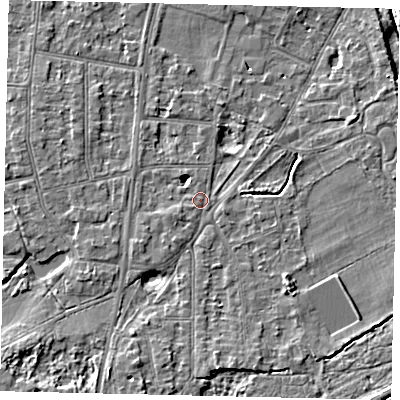 Shaded relief map of the ground around KT70JY, computed from Environment Agency LiDAR. The ground here sits at about 11 m above sea level and falls 6 m across the surrounding 800 m. Surface water reaching this point runs off ground lying to the south-south-west, 0.9 m higher.