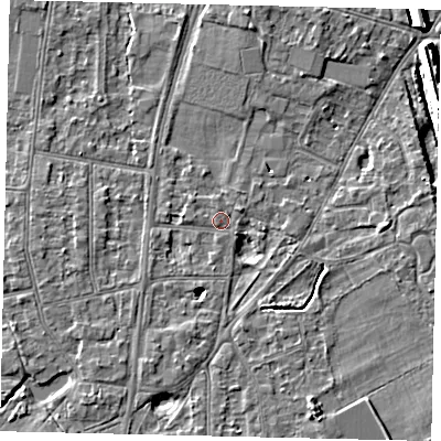 Shaded relief map of the ground around KT70JZ, computed from Environment Agency LiDAR. The ground here sits at about 10 m above sea level and falls 9 m across the surrounding 800 m. Surface water reaching this point runs off ground lying to the south-south-east, 4.3 m higher.