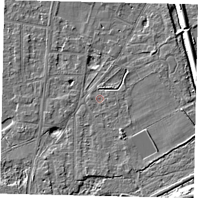 Shaded relief map of the ground around KT70LA, computed from Environment Agency LiDAR. The ground here sits at about 10 m above sea level and falls 10 m across the surrounding 800 m. Surface water reaching this point runs off ground lying to the west, 0.7 m higher.