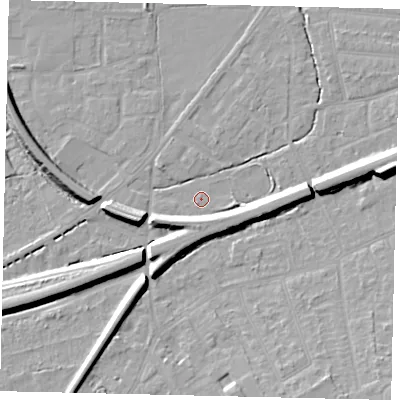 Shaded relief map of the ground around KT70LE, computed from Environment Agency LiDAR. The ground here sits at about 11 m above sea level and falls 11 m across the surrounding 800 m. Surface water reaching this point runs off ground lying to the west-south-west, 6.8 m higher.