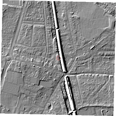 Shaded relief map of the ground around KT70LG, computed from Environment Agency LiDAR. The ground here sits at about 10 m above sea level and falls 9 m across the surrounding 800 m. Surface water reaching this point runs off ground lying to the west-south-west, 1.5 m higher.