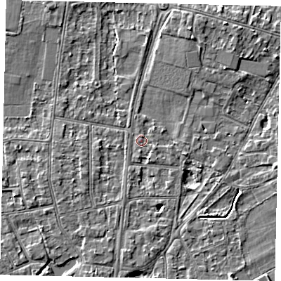 Shaded relief map of the ground around KT70LS, computed from Environment Agency LiDAR. The ground here sits at about 10 m above sea level and falls 4 m across the surrounding 800 m. Surface water reaching this point runs off ground lying to the south-south-east, 1.0 m higher.