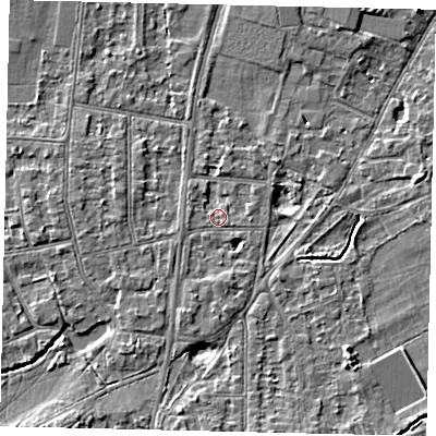 Shaded relief map of the ground around KT70NA, computed from Environment Agency LiDAR. The ground here sits at about 10 m above sea level and falls 4 m across the surrounding 800 m. Surface water reaching this point runs off ground lying to the south-south-west, 3.1 m higher.