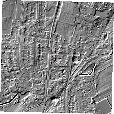 Shaded relief map of the ground around KT70NB, computed from Environment Agency LiDAR. The ground here sits at about 10 m above sea level and falls 4 m across the surrounding 800 m. Surface water reaching this point runs off ground lying to the south-west, 1.4 m higher.