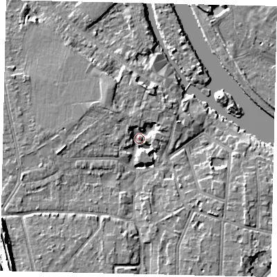 Shaded relief map of the ground around KT70NG, computed from Environment Agency LiDAR. The ground here sits at about 8 m above sea level and falls 12 m across the surrounding 800 m. Surface water reaching this point runs off ground lying to the south-west, 9.2 m higher.