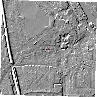 Shaded relief map of the ground around KT70NH, computed from Environment Agency LiDAR. The ground here sits at about 9 m above sea level and falls 12 m across the surrounding 800 m. Surface water reaching this point runs off ground lying to the north-north-west, 1.3 m higher.