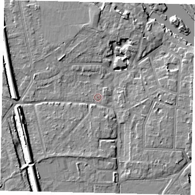 Shaded relief map of the ground around KT70NR, computed from Environment Agency LiDAR. The ground here sits at about 9 m above sea level and falls 12 m across the surrounding 800 m. Surface water reaching this point runs off ground lying to the west-south-west, 8.9 m higher.