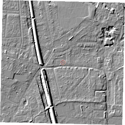 Shaded relief map of the ground around KT70NS, computed from Environment Agency LiDAR. The ground here sits at about 9 m above sea level and falls 12 m across the surrounding 800 m. Surface water reaching this point runs off ground lying to the south-south-west, 8.9 m higher.