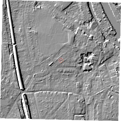 Shaded relief map of the ground around KT70NW, computed from Environment Agency LiDAR. The ground here sits at about 10 m above sea level and falls 12 m across the surrounding 800 m. Surface water reaching this point runs off ground lying to the south-east, 0.5 m higher.