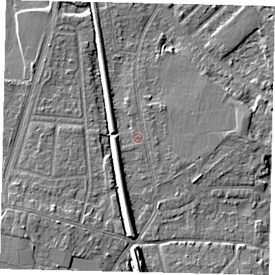 Shaded relief map of the ground around KT70PJ, computed from Environment Agency LiDAR. The ground here sits at about 9 m above sea level and falls 10 m across the surrounding 800 m. The ground contributing surface water to this point lies to the west-north-west.