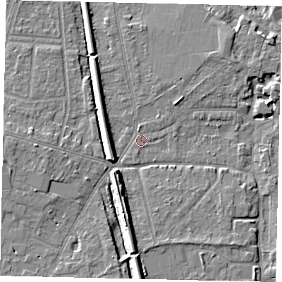 Shaded relief map of the ground around KT70PN, computed from Environment Agency LiDAR. The ground here sits at about 9 m above sea level and falls 11 m across the surrounding 800 m. Surface water reaching this point runs off ground lying to the south-south-west, 1.1 m higher.