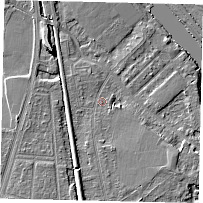 Shaded relief map of the ground around KT70PP, computed from Environment Agency LiDAR. The ground here sits at about 8 m above sea level and falls 9 m across the surrounding 800 m. Surface water reaching this point runs off ground lying to the south-south-west, 3.7 m higher.